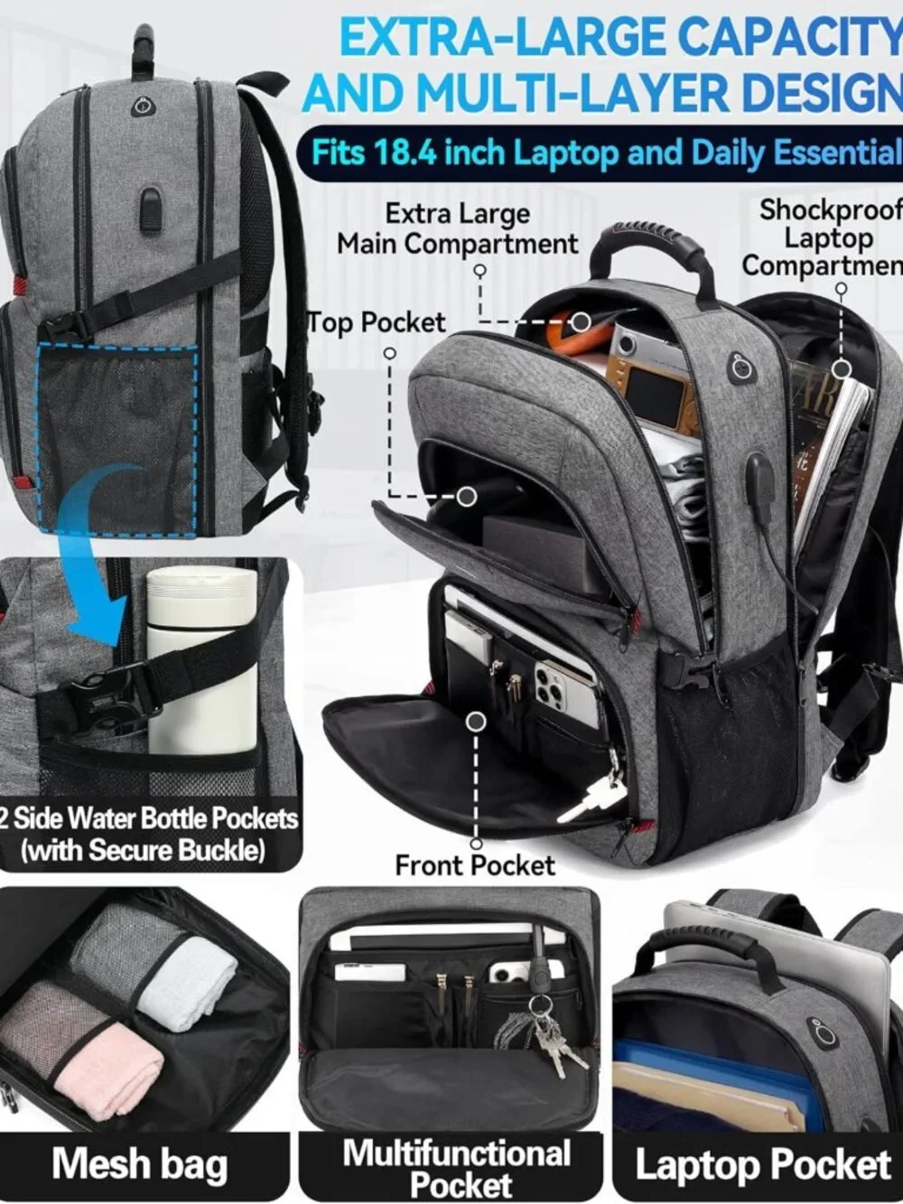 Extra Large Anti-Theft Travel Backpack for 18.4